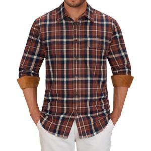 Alimens & Gentle Men’s Flannel Long Sleeve Shirt Classic Plaid Button Down Shirts Soft Warm Winter Tops with Pocket Work Camp(Orange Navy Plaid)