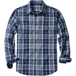 Alimens & Gentle Men’s Flannel Shirt Long Sleeve Plaid Button Down Shirts Jacket Casual Work Outdoor Camp with Pockets(Navy White Plaid)