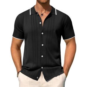 Alimens & Gentle Mens Knit Shirt Short Sleeve Button Down Shirt Textured Casual Summer Beach Polo Shirts(Black)