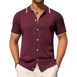 Alimens & Gentle Mens Knit Shirt Short Sleeve Button Down Shirt Textured Casual Summer Beach Polo Shirts(Burgundy)