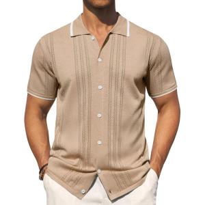 Alimens & Gentle Mens Knit Shirt Short Sleeve Button Down Shirt Textured Casual Summer Beach Polo Shirts(Khaki)