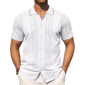 Alimens & Gentle Mens Knit Shirt Short Sleeve Button Down Shirt Textured Casual Summer Beach Polo Shirts(White)