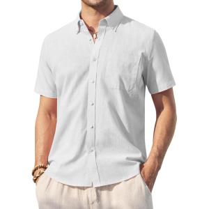 Alimens & Gentle Mens Linen Shirt Short Sleeve Casual Cotton Button Down Shirts Collared Summer Shirts(Light Grey)