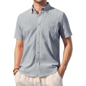 Alimens & Gentle Mens Linen Shirt Short Sleeve Casual Cotton Button Down Shirts Collared Summer Shirts(Lividity)