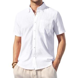 Alimens & Gentle Mens Linen Shirt Short Sleeve Casual Cotton Button Down Shirts Collared Summer Shirts(White)