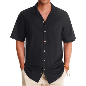 Alimens & Gentle Mens Linen Shirts Cotton Hawaiian Shirts Short Sleeve Button Down Shirts Casual Summer Beach Tops(Black)