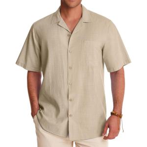 Alimens & Gentle Mens Linen Shirts Cotton Hawaiian Shirts Short Sleeve Button Down Shirts Casual Summer Beach Tops(Blush Stone)