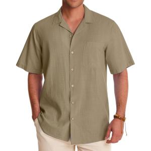 Alimens & Gentle Mens Linen Shirts Cotton Hawaiian Shirts Short Sleeve Button Down Shirts Casual Summer Beach Tops(Brown)