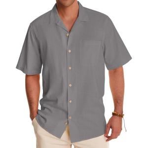 Alimens & Gentle Mens Linen Shirts Cotton Hawaiian Shirts Short Sleeve Button Down Shirts Casual Summer Beach Tops(Cool Grey)