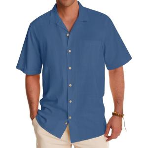 Alimens & Gentle Mens Linen Shirts Cotton Hawaiian Shirts Short Sleeve Button Down Shirts Casual Summer Beach Tops(Denim Blue)