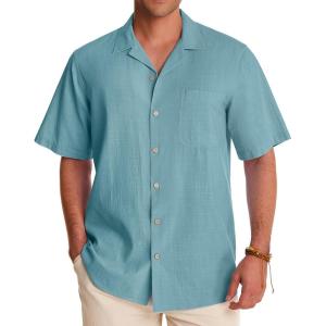 Alimens & Gentle Mens Linen Shirts Cotton Hawaiian Shirts Short Sleeve Button Down Shirts Casual Summer Beach Tops(Gray Mist)