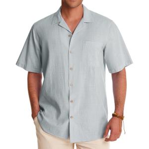 Alimens & Gentle Mens Linen Shirts Cotton Hawaiian Shirts Short Sleeve Button Down Shirts Casual Summer Beach Tops(Grey)