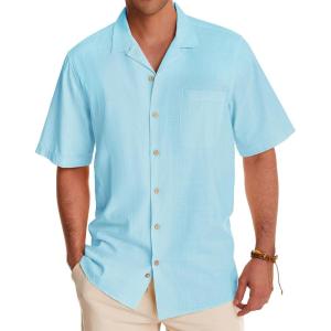Alimens & Gentle Mens Linen Shirts Cotton Hawaiian Shirts Short Sleeve Button Down Shirts Casual Summer Beach Tops(Island Blue)