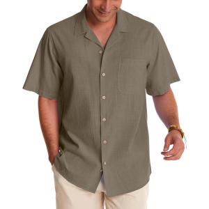 Alimens & Gentle Mens Linen Shirts Cotton Hawaiian Shirts Short Sleeve Button Down Shirts Casual Summer Beach Tops(Khaki)