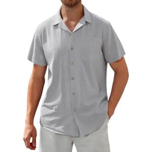 Alimens & Gentle Mens Linen Shirts Cotton Hawaiian Shirts Short Sleeve Button Down Shirts Casual Summer Beach Tops(Light Grey)