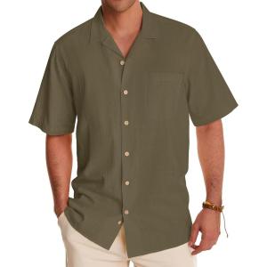 Alimens & Gentle Mens Linen Shirts Cotton Hawaiian Shirts Short Sleeve Button Down Shirts Casual Summer Beach Tops(Olive Drab)
