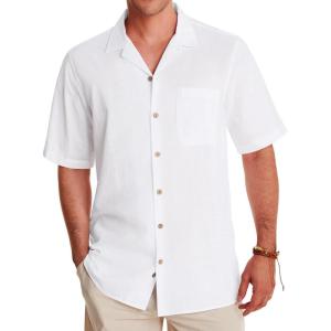 Alimens & Gentle Mens Linen Shirts Cotton Hawaiian Shirts Short Sleeve Button Down Shirts Casual Summer Beach Tops(White)