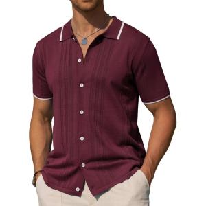 Alimens & Gentle Mens Shirts Casual Button Down Shirts Beach Vintage Knit Short Sleeve Polo Shirt for Men(01-burgundy)