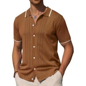 Alimens & Gentle Mens Shirts Casual Button Down Shirts Beach Vintage Knit Short Sleeve Polo Shirt for Men(02-brown)