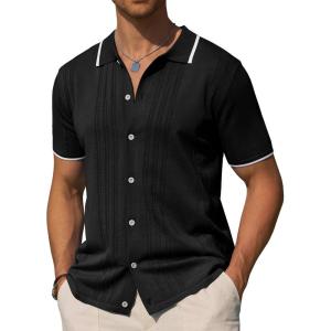 Alimens & Gentle Mens Shirts Casual Button Down Shirts Beach Vintage Knit Short Sleeve Polo Shirt for Men(03-black)
