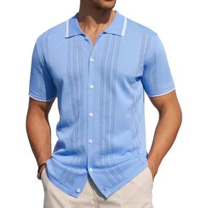 Alimens & Gentle Mens Shirts Casual Button Down Shirts Beach Vintage Knit Short Sleeve Polo Shirt for Men(14-light Blue)