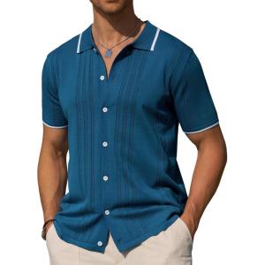 Alimens & Gentle Mens Shirts Casual Button Down Shirts Beach Vintage Knit Short Sleeve Polo Shirt for Men(15-lake Blue)