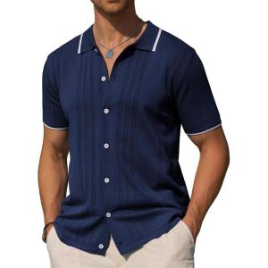 Alimens & Gentle Mens Shirts Casual Button Down Shirts Beach Vintage Knit Short Sleeve Polo Shirt for Men(15-navy Blue)