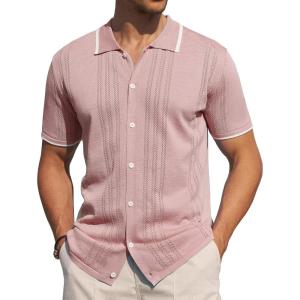 Alimens & Gentle Mens Shirts Casual Button Down Shirts Beach Vintage Knit Short Sleeve Polo Shirt for Men(17-pink)