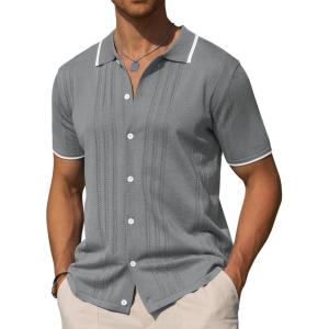 Alimens & Gentle Mens Shirts Casual Button Down Shirts Beach Vintage Knit Short Sleeve Polo Shirt for Men(19-grey)