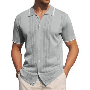 Alimens & Gentle Mens Shirts Casual Button Down Shirts Beach Vintage Knit Short Sleeve Polo Shirt for Men(20-light Grey)