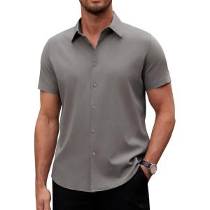 Alimens & Gentle Men’s Short Sleeve Dress Shirts Stretch Regular Fit Shirt Casual Button Down Business Shirts Dark Grey