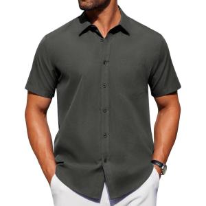 Alimens & Gentle Men’s Short Sleeve Dress Shirts Wrinkle Free Untucked Casual Button Down Shirt(Dark Grey)