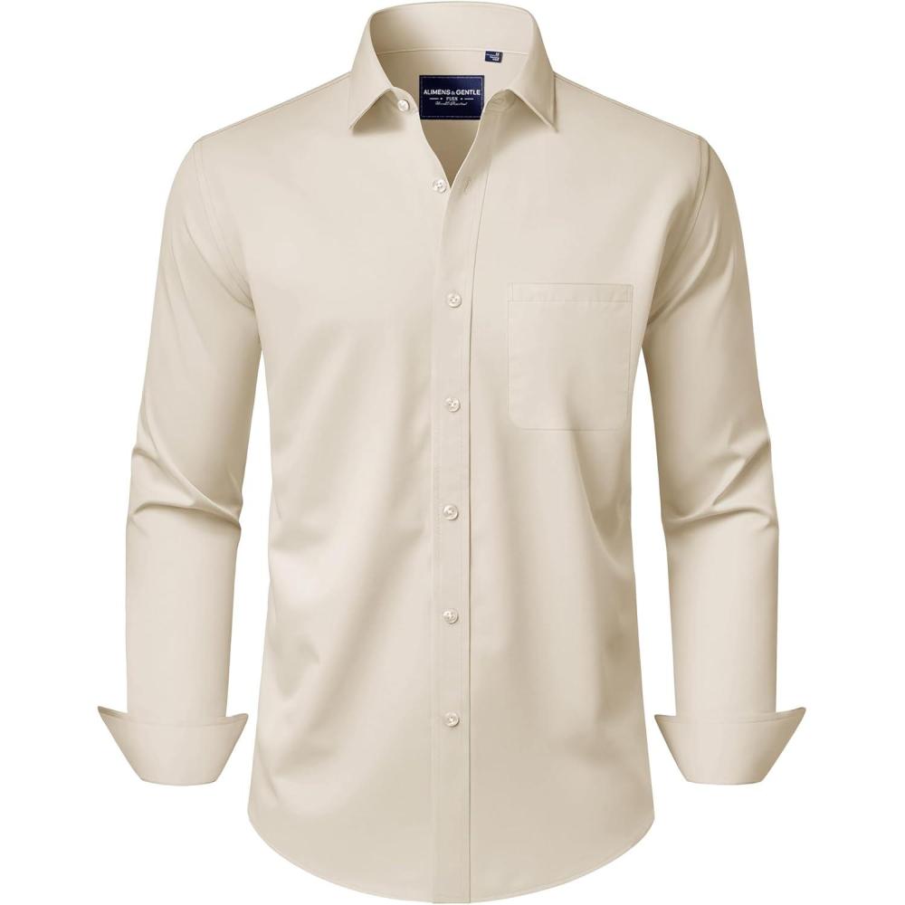 imageAlimens amp Gentle Mens Dress Shirts Long Sleeve WrinkleFree Stretch Shirts Solid Formal Button Down Shirt with PocketBeige