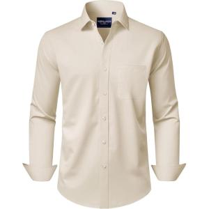 Alimens & Gentle Men’s Dress Shirts Long Sleeve Wrinkle-Free Stretch Shirts Solid Formal Button Down Shirt with Pocket(Beige)