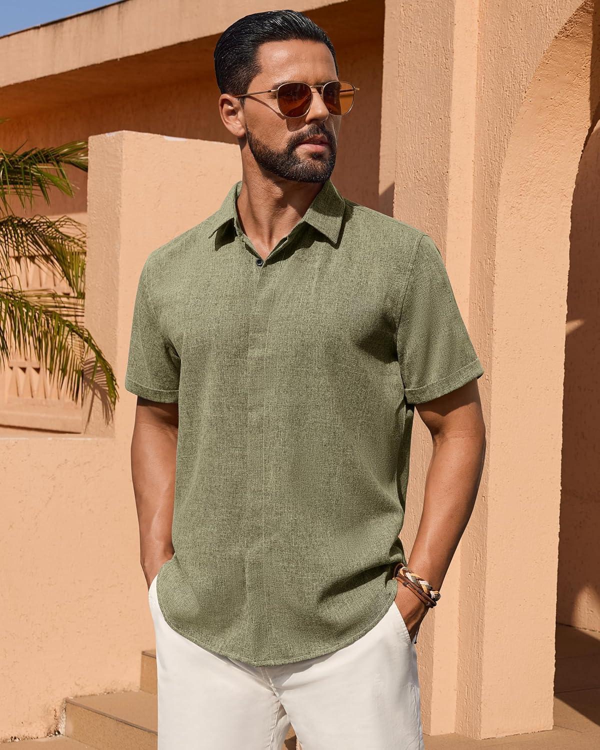 imageAlimens amp Gentle Mens Linen Shirt Short Sleeve Button Down Shirt Casual Summer Beach Vacation Wedding Linen Texture ShirtsArmy Green