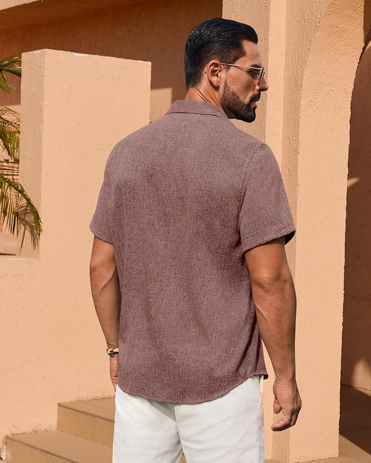 imageAlimens amp Gentle Mens Linen Shirt Short Sleeve Button Down Shirt Casual Summer Beach Vacation Wedding Linen Texture ShirtsBurgundy