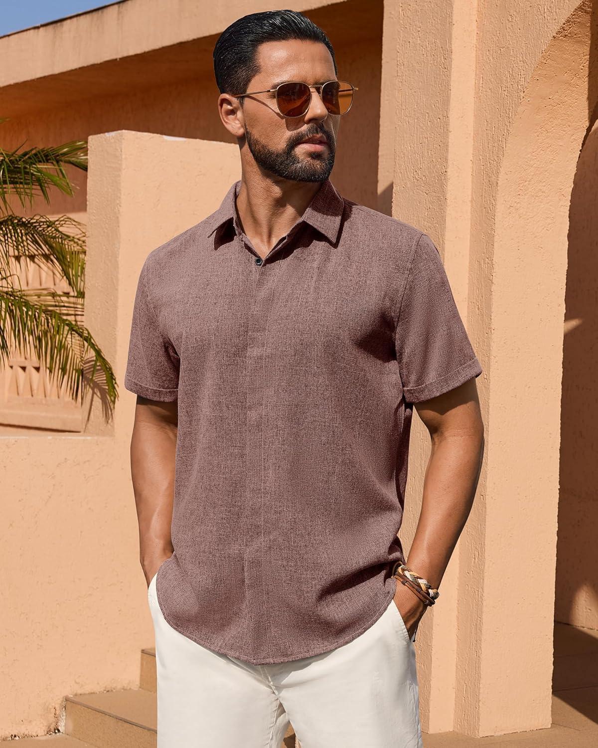 imageAlimens amp Gentle Mens Linen Shirt Short Sleeve Button Down Shirt Casual Summer Beach Vacation Wedding Linen Texture ShirtsBurgundy