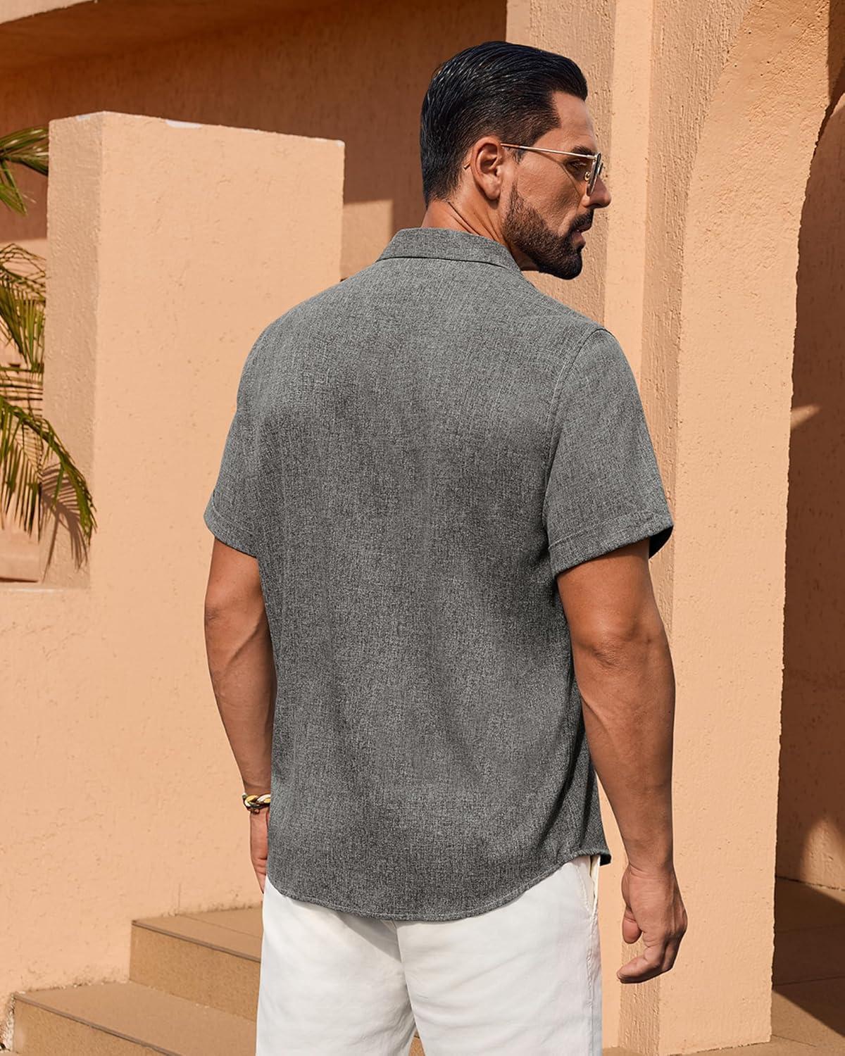 imageAlimens amp Gentle Mens Linen Shirt Short Sleeve Button Down Shirt Casual Summer Beach Vacation Wedding Linen Texture ShirtsGrey