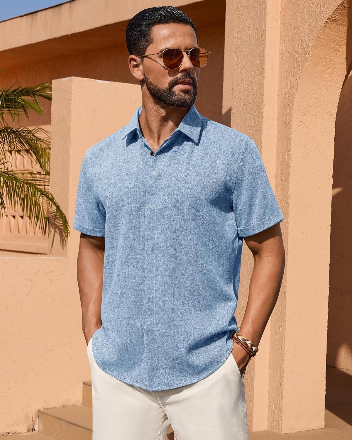 imageAlimens amp Gentle Mens Linen Shirt Short Sleeve Button Down Shirt Casual Summer Beach Vacation Wedding Linen Texture ShirtsLight Blue