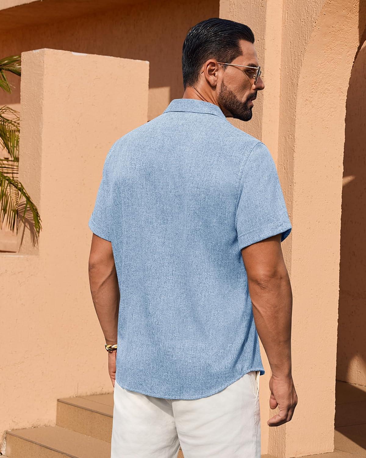 imageAlimens amp Gentle Mens Linen Shirt Short Sleeve Button Down Shirt Casual Summer Beach Vacation Wedding Linen Texture ShirtsLight Blue