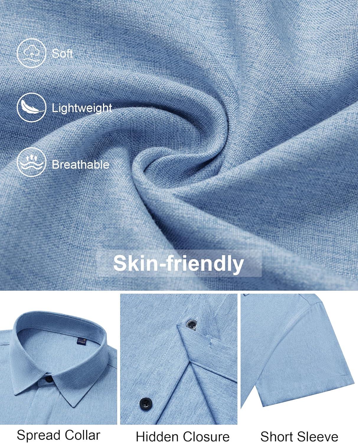 imageAlimens amp Gentle Mens Linen Shirt Short Sleeve Button Down Shirt Casual Summer Beach Vacation Wedding Linen Texture ShirtsLight Blue
