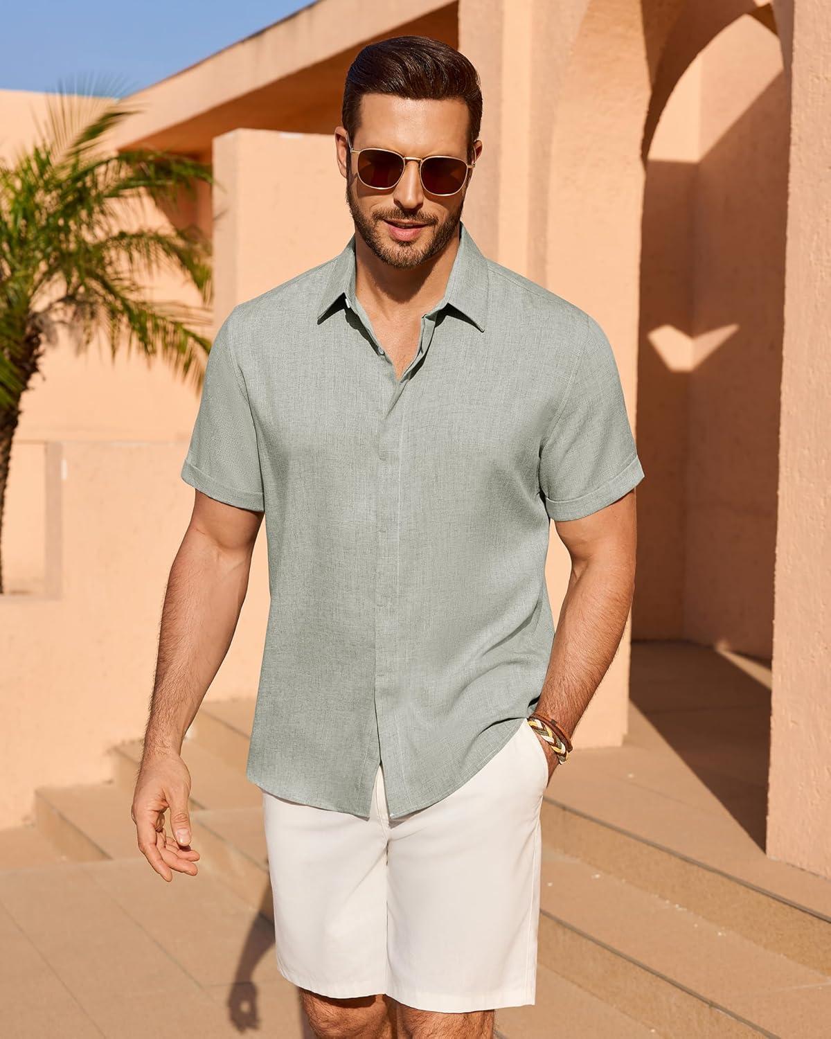 imageAlimens amp Gentle Mens Linen Shirt Short Sleeve Button Down Shirt Casual Summer Beach Vacation Wedding Linen Texture ShirtsLight Grey
