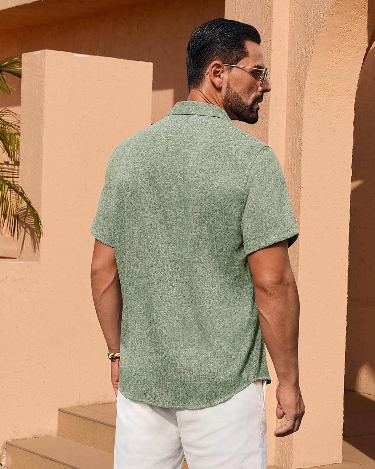 imageAlimens amp Gentle Mens Linen Shirt Short Sleeve Button Down Shirt Casual Summer Beach Vacation Wedding Linen Texture ShirtsOlive Green