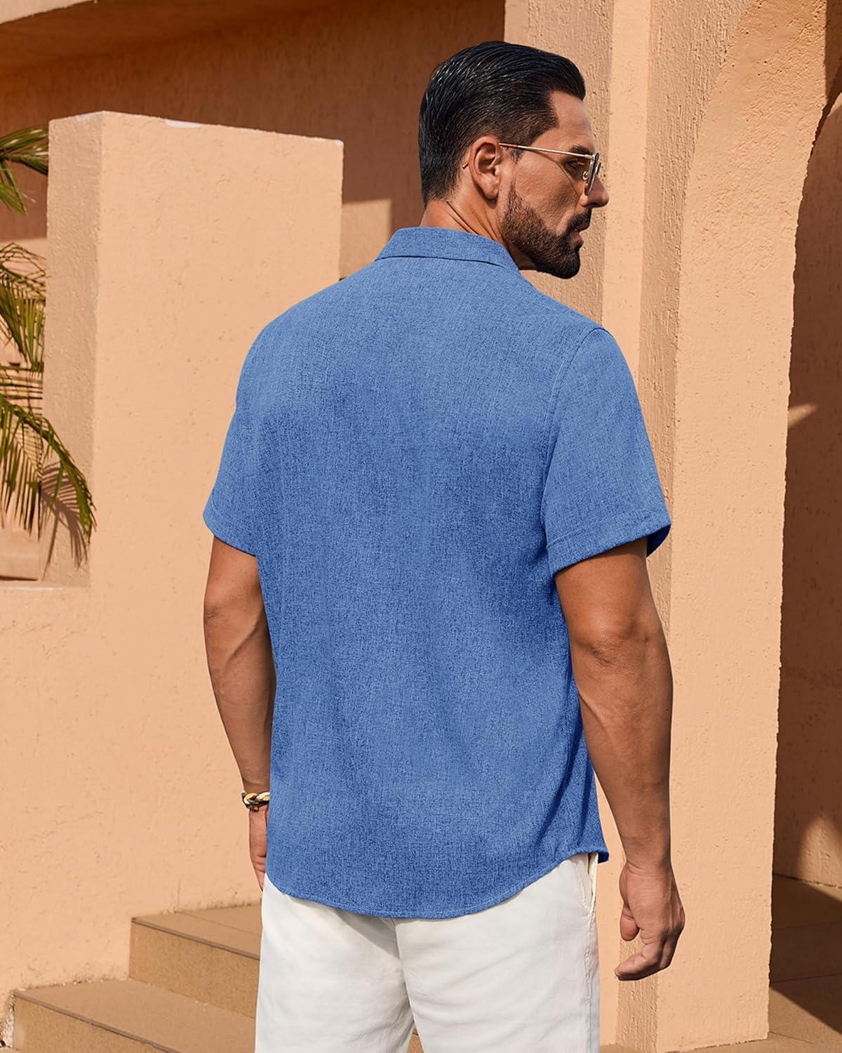 imageAlimens amp Gentle Mens Linen Shirt Short Sleeve Button Down Shirt Casual Summer Beach Vacation Wedding Linen Texture ShirtsRoyal Blue