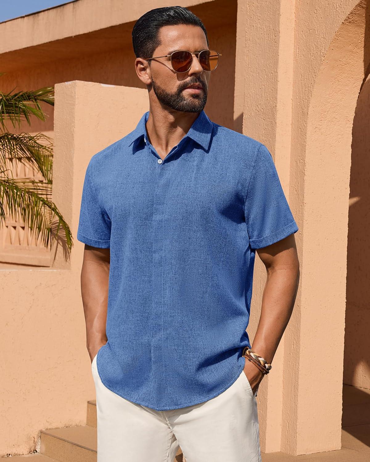 imageAlimens amp Gentle Mens Linen Shirt Short Sleeve Button Down Shirt Casual Summer Beach Vacation Wedding Linen Texture ShirtsRoyal Blue