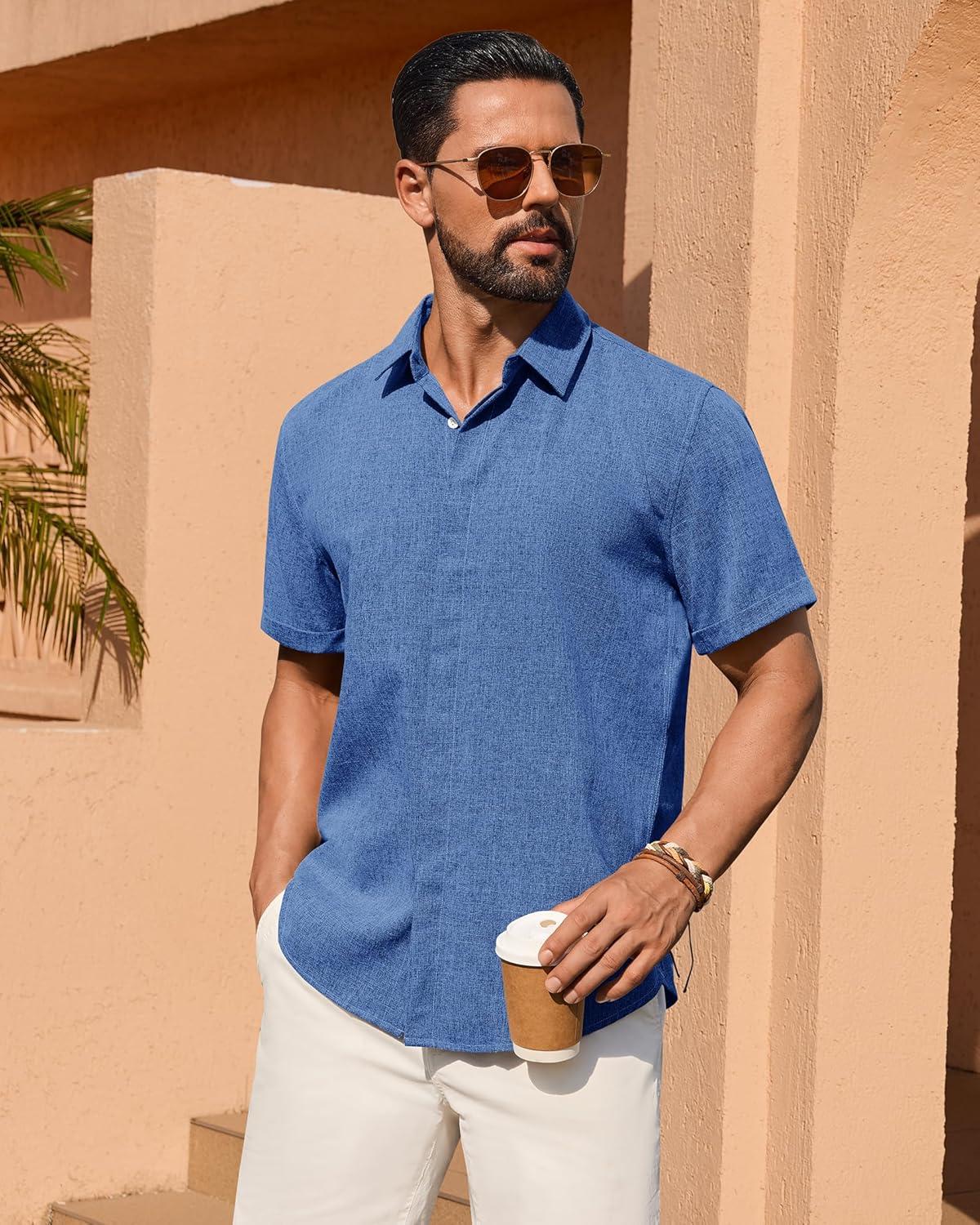 imageAlimens amp Gentle Mens Linen Shirt Short Sleeve Button Down Shirt Casual Summer Beach Vacation Wedding Linen Texture ShirtsRoyal Blue