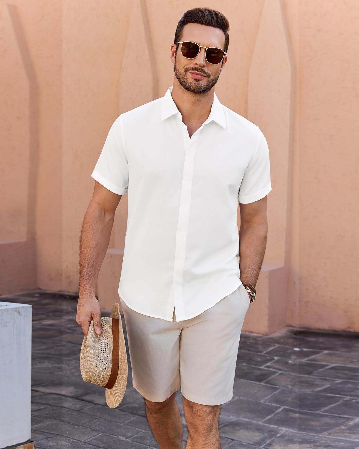 imageAlimens amp Gentle Mens Linen Shirt Short Sleeve Button Down Shirt Casual Summer Beach Vacation Wedding Linen Texture ShirtsWhite