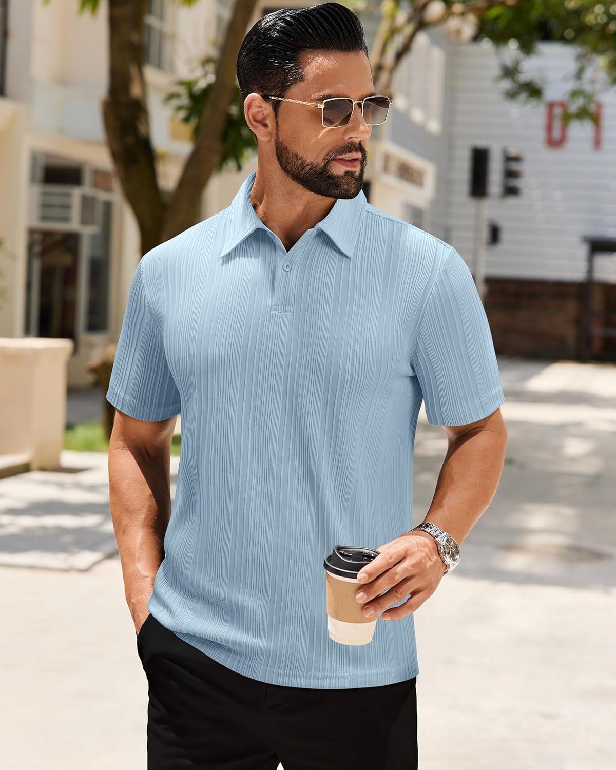 imageAlimens amp Gentle Mens Polo Shirts Short Sleeve Knit Stretchy Casual Lightweight Summer Vacation Party Golf ShirtsBlue