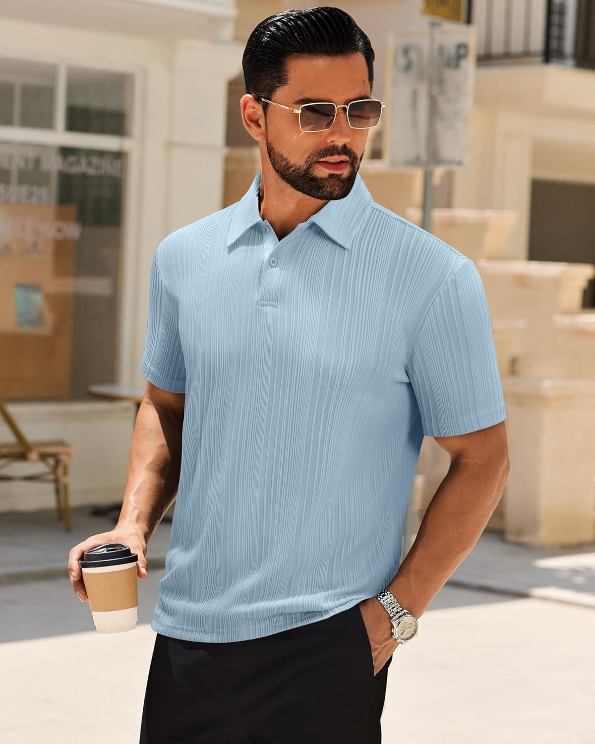 imageAlimens amp Gentle Mens Polo Shirts Short Sleeve Knit Stretchy Casual Lightweight Summer Vacation Party Golf ShirtsBlue