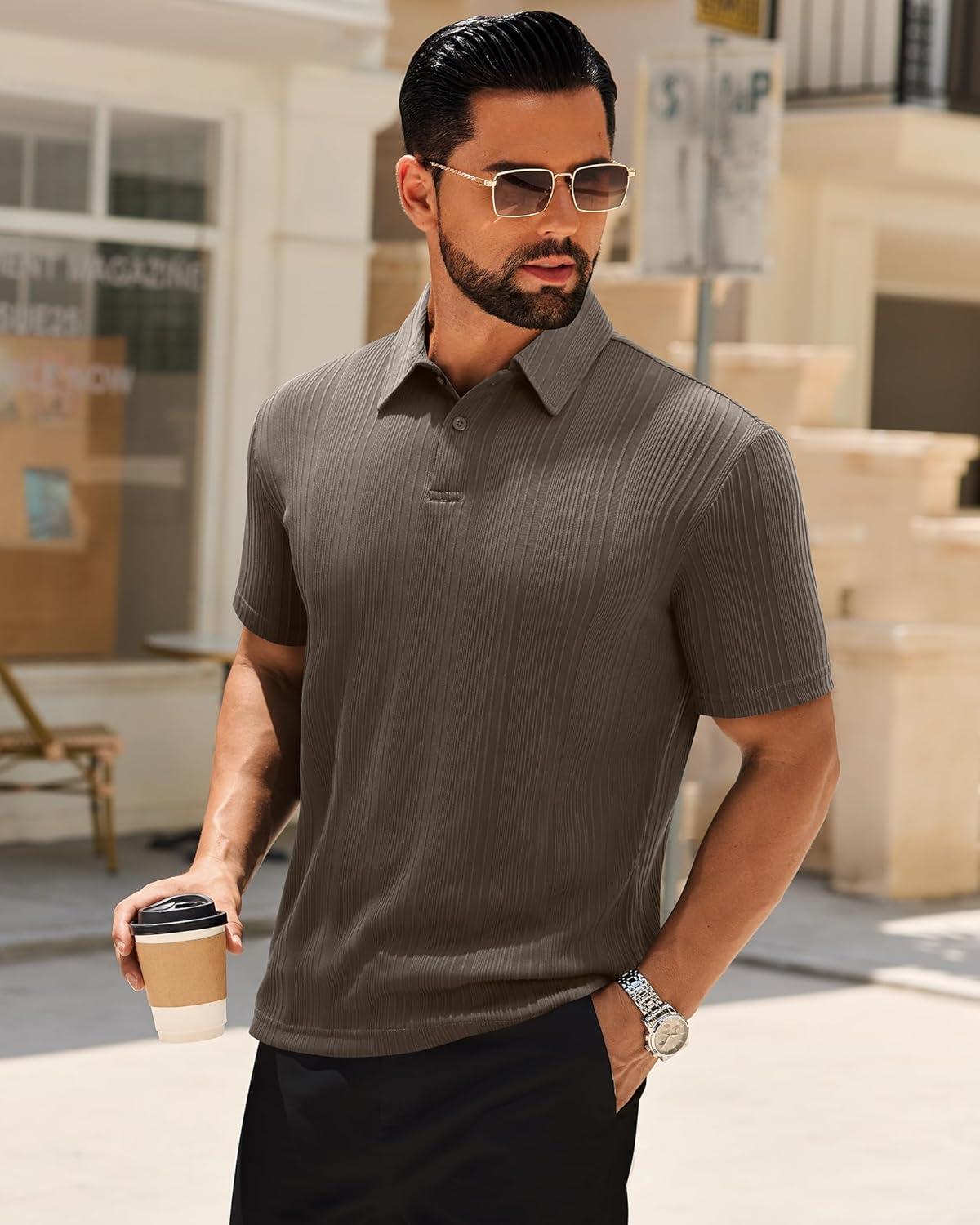 imageAlimens amp Gentle Mens Polo Shirts Short Sleeve Knit Stretchy Casual Lightweight Summer Vacation Party Golf ShirtsBrown